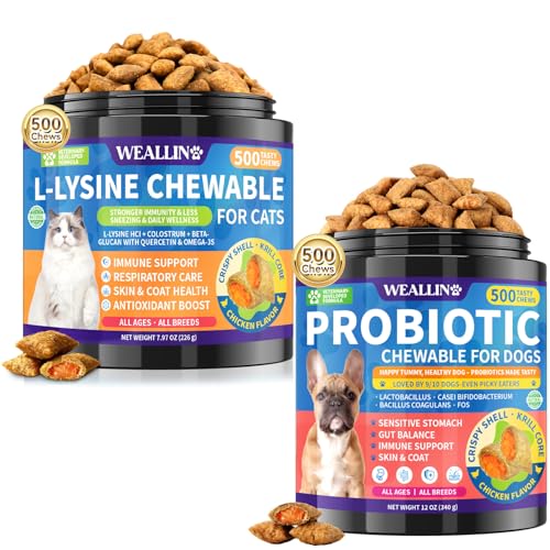 WEALLIN L-Lysine Chews for Cats + Dog Probiotics Chews Bundle – Immune & Respiratory Support for Cats & Digestive and Gut Health Support for Dogs, Crunchy Shell with Krill Core, Chicken Flavor