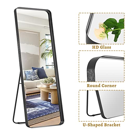 Image of NeuType 63x20 inches Aluminum Alloy Floor Mirror, Full Length, Wall Mounted or Leaning, Recessed Design, Modern, Black
