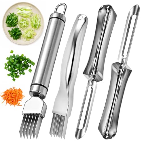 4PCS Green Onion Slicer Set, Scallion Shredder and Green Onion Cutter, Efficient Vegetable Shredder Tool with Two Straight Peelers for Kitchen Food Preparation, Durable Shredding Knife