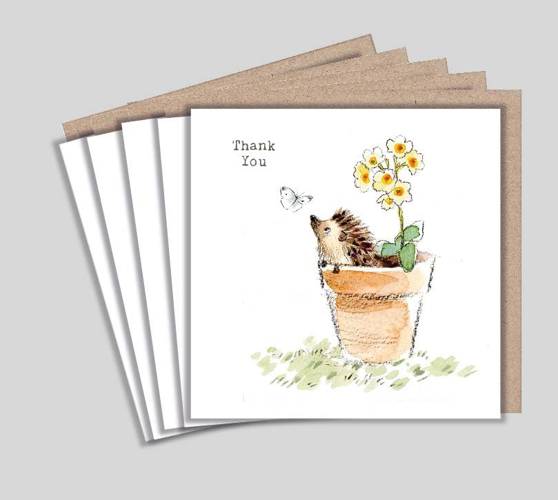 Thank You Notelets Hedgehog in Pot - 5 Illustrated Cards with Envelopes