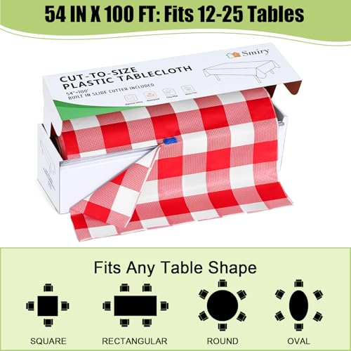 Smiry 54 Inch x 100 Feet Disposable Table Cover Roll, Red & White Plastic Table Cloth in Cut-to-Size Box with Slide Cutter, Waterproof Rectangle Tablecloths for Weddings, Banquets, Outdoor by Smiry - Used condition - Image 7