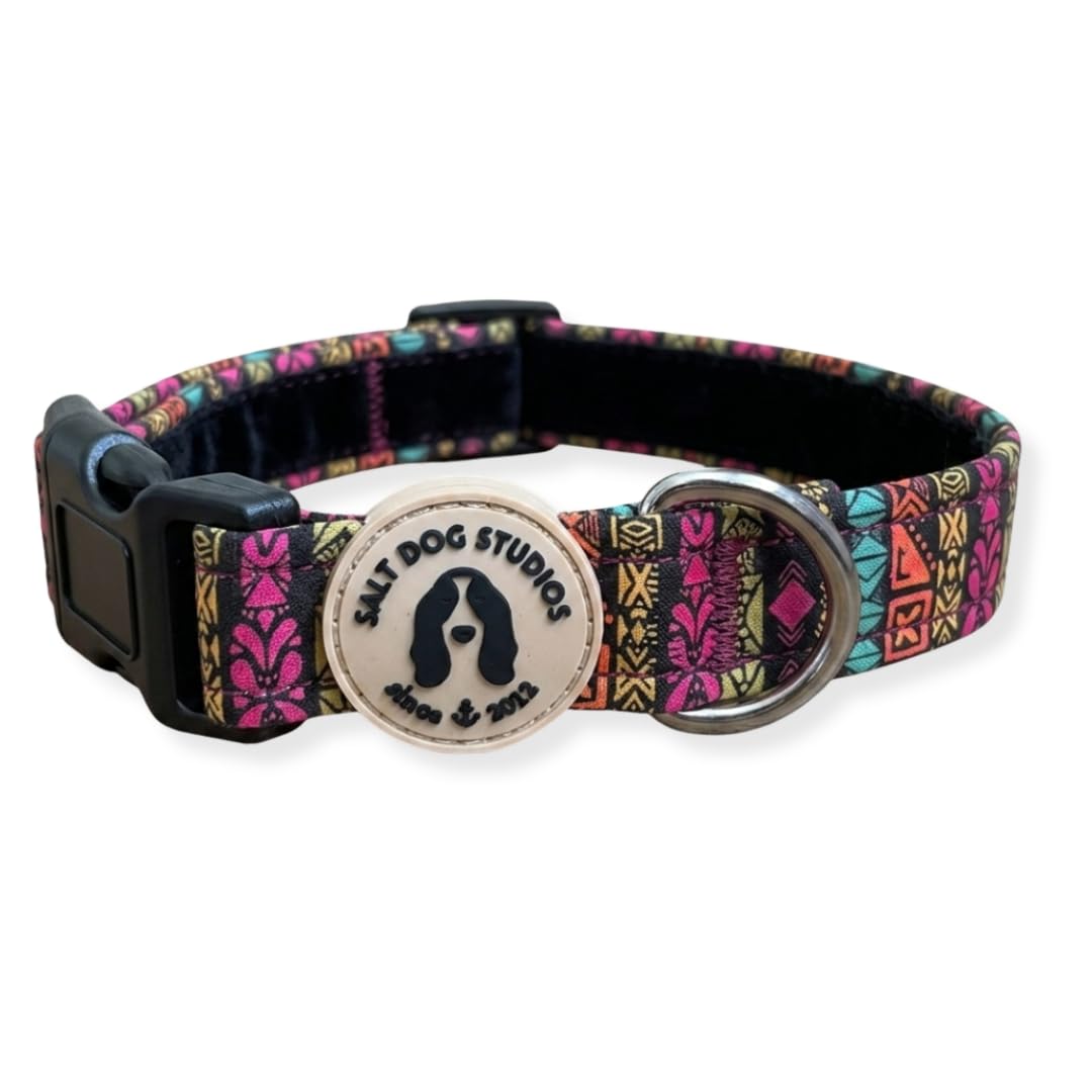 Bohemian Dog Collar – Adjustable Velvet Lined Dog Collar for Small, Medium, Large & Extra Large Dogs – Soft Comfortable Fabric Collar by Salt Dog Studios (Retro Tribal, Small)