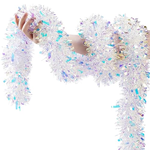 GSHLLO 4 Pcs 6.5 Ft Christmas Tinsel Garland Metallic Twist Garland Xmas Tree Decorating Garland Shiny Hanging Garland Ornaments Iridescent Holiday Garlands for New Year White