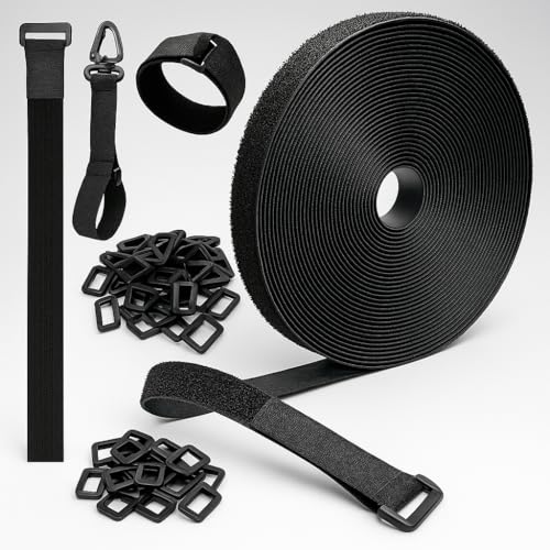 GENESIS® Sujetacables Reutilizables, Bridas Negras + 30 hebillas + 5 Ganchos, Abrazadera de Cable de Longitud de Corte Libre, Uso Oficina, Jardin, Hogar, Nylon Negro (10m x 2cm)