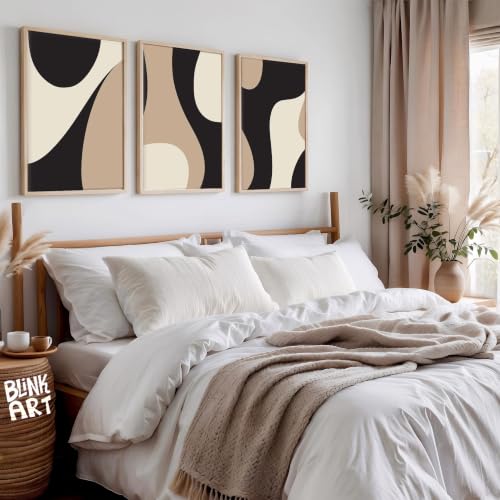 Image of BLINKART Set of 3 Beige Black Curves Frame Painting for Wall Decoration - Modern Art Wall Decor Framed Painting for Living Room Bedroom - Framed Wall Posters /Paintings (8X12 inch)