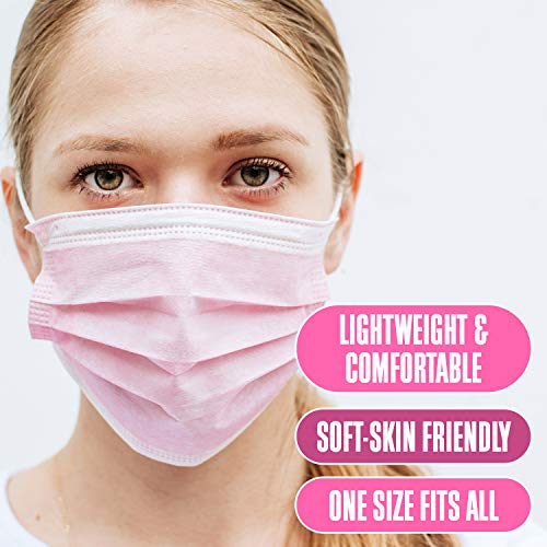 Harley Street Care Disposable Pink Face Masks Protective 3 Ply Breathable Triple Layer Mouth Cover with Elastic Earloops (Pack of 100) - Image 5