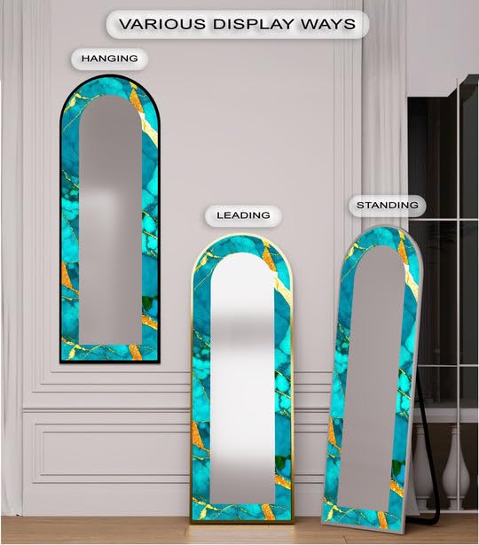 Specchio da pavimento in marmo con venature dorate oceaniche da 63,5 x 160 cm (larghezza x altezza), specchio da pavimento con cornice nera e cornice nera
