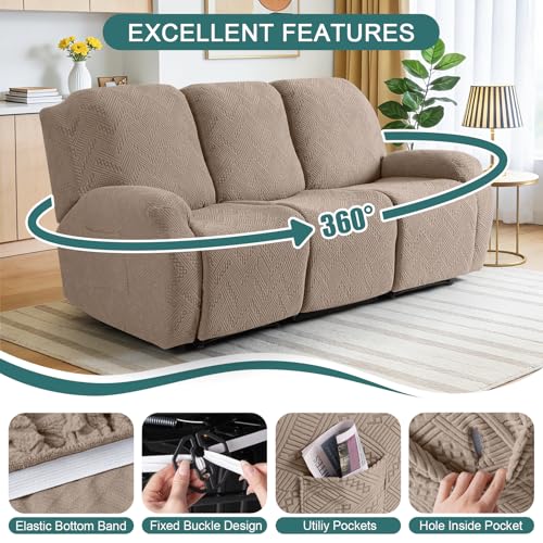 Image of Ruaozz Recliner Sofa Covers Recliner Chair Covers Couch Covers for Reclining Couches with Pockets Washable Furniture Protector with Elastic Bottom (3 Seater, Khaki)