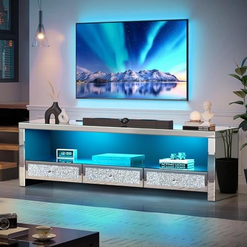 Silver Mirrored LED TV Stand with Crushed Diamond Drawers, Media ...