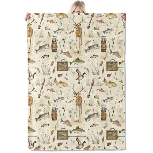 ICAAV Outdoor Adventure Art Blanket 5060 Inch Fishing Hunting Nature Lightweight Flannel Throw with Rustic Deer Fish and Gear Sportsmen Home Living Room Decor Gifts for Adults Nature Fans