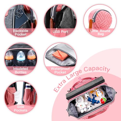 Image of ISMGN Diaper Bag Backpack with Changing Station, Large Diaper Bag, Baby Bag, Multifunctional Diaper Bag, Pinkgray