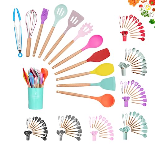 Faizee Möbel | 12-teiliges Silikon-Küchenhelfer-Set mit Holzgriff | Hitzebeständiges Kochbesteck | Küchenutensilien Set in bunten Farben | BPA-freies Küchenzubehör für Kochen & Backen
