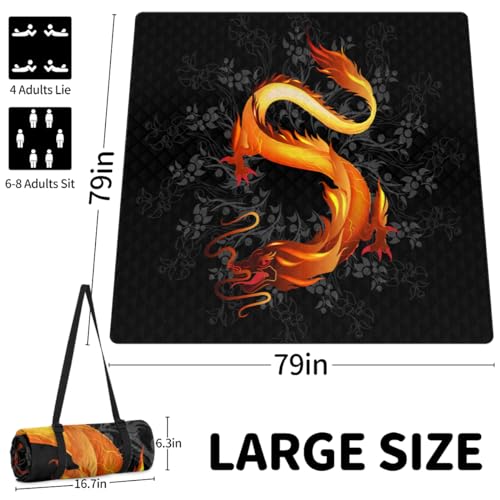 Shimoshe Extra Large Picnic Blankets 79”x 79”, Golden Dragon Waterproof Foldable Picnic Mat with Straps Portable Beach Blanket for Camping Park Grass Beach Indoor