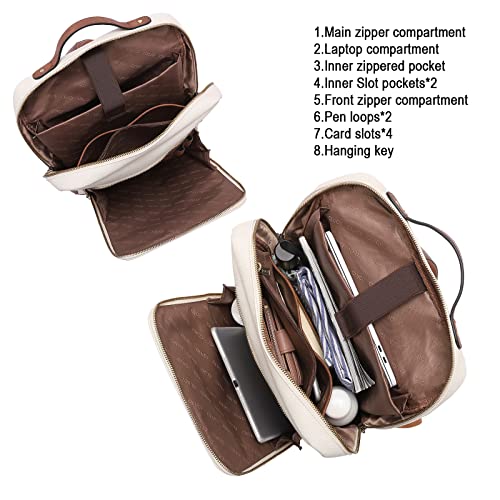 Cluci Leather Laptop Backpack For Women 15.6 Inch Computer Bag Large Travel Vintage Daypack Business Bags Off-White With Brown #TOP2