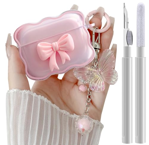 Compatible with JBL Vibe Beam /Beam 2 Clear Case 3D Bow Pattern Desiged Vibe 200TWS Cases with Cute Butterfly Keychain Soft TPU Protective Case and Cleanner Kit for JBL Vibe Beam for Girls Women
