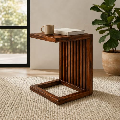 Image of Solid Sheesham Wood C Shape Side Table for Living Room | Modern Sofa End Table | Wooden Laptop Table for Bed | Coffee & Snack Table | Bedside End Table | Natural Brown Finish