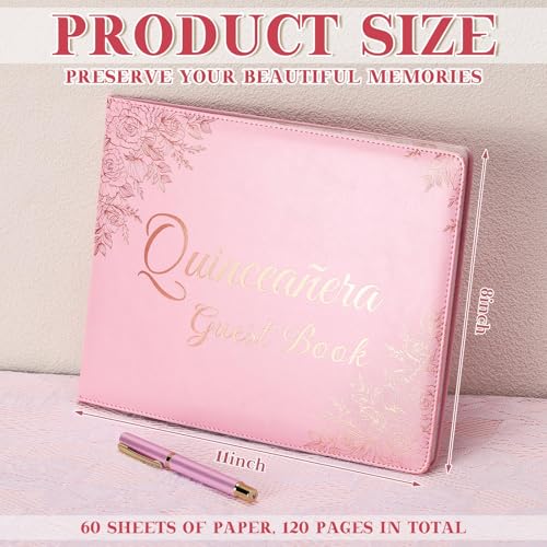 Image of MotiMind Quinceanera Guest Book with Pen 11 x 8 Inch Libro De Firmas Para 15 Anos Quinceanera Leather Hardcover Signature Book Guest Sign in for 15th Party Favors Decoration(Pink Gold,Floral)