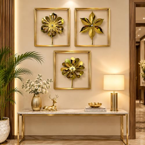 Image of Framing Hub - Metal Flower Wall Decor Set of 3 Gold Iron Leaf Floral Wall Art Decorative Hanging for Living Room Bedroom Home (16 x 16 Inch)