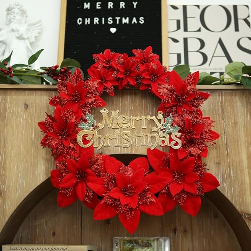 GREENTIME 24 Pcs Glitter Poinsettia Red Artificial Flowers Christmas with Clips Stems Xmas Tree Ornaments for Wedding Party Wreath Decoration - Thumbnail 3
