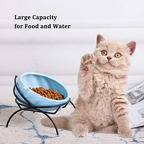 Jemirry Ceramic Elevated Cat Bowl Anti Vomiting, 15° Tilted Food And Water Cat Bowl Set, Raised Pet Bowl With Non-Slip Stand For Cat And Dog, Protect Pet's Spine, Microwave Dishwasher Safe, Sky Blue #TOP4