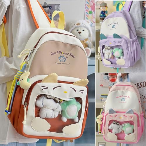 Kawaii Color Blocking Backpack with Case and Charm for Women Cute Large Capacity Korean Travel Bag Y2K Ita Bag Daypack (Khaki)2