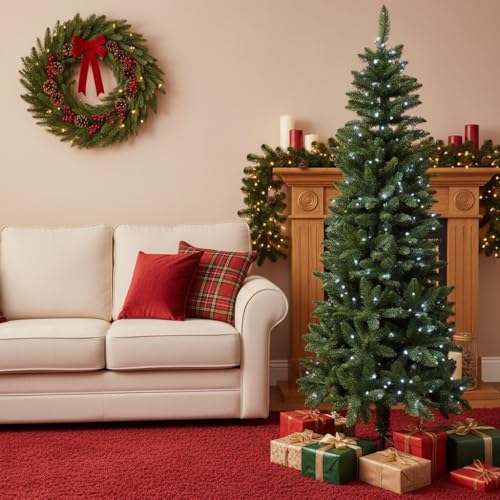 4Ft/1.2m Pre-Lit Green Christmas Tree Slim Tree Pine Narrow Xmas Tree, Pointed Tips, Metal Stand, Cool White LED Lights, Holiday Home Decorations - Image 2