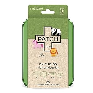 Patch Kids On-The-Go Natural Bamboo Adhesive Bandage Kit for Sensitive Skin, Eco-Friendly Hypoallergenic Bandages for Sensitive Skin. Non Toxic Bandages for Boys & Girls with Cute Prints, 29 ct Small