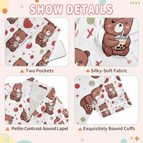 senya Drink Milk Tea Bear Satin Summer Pajama Sets Silk Short Sleeve Button Down Sleepwear3