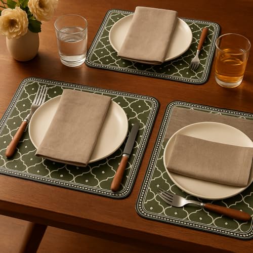 Image of Durable Leather Placemats Olive Green Mororccan Patterned Table Mats | Waterproof, Washable, Heat Resistant, Non-Slip Elegant Dining Accessories (Set of 4)