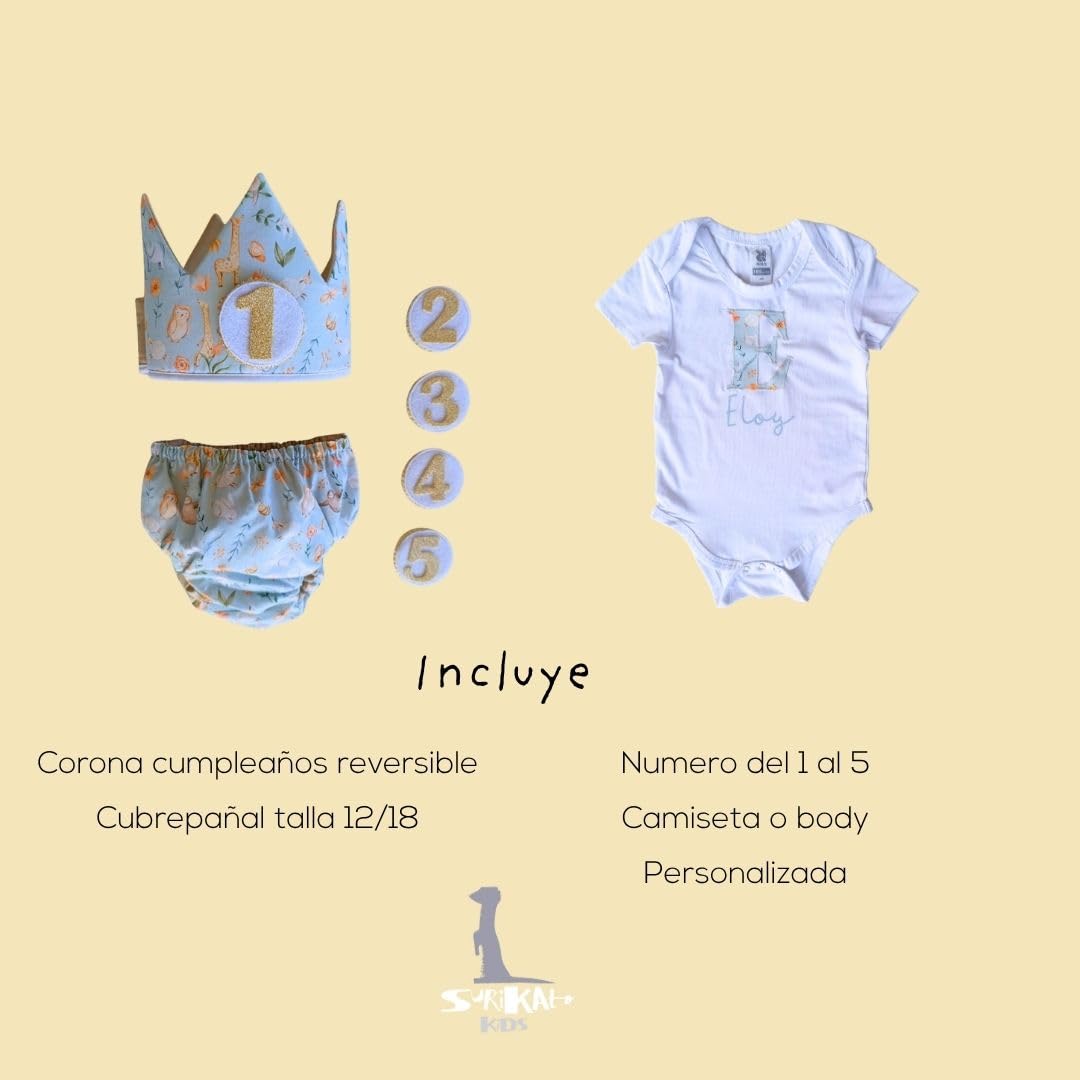 Conjunto Cumpleaños 1 año Personalizado - Camiseta con nombre Bebé - Regalo primer cumpleaños - Smash Cake - Corona cumpleaños