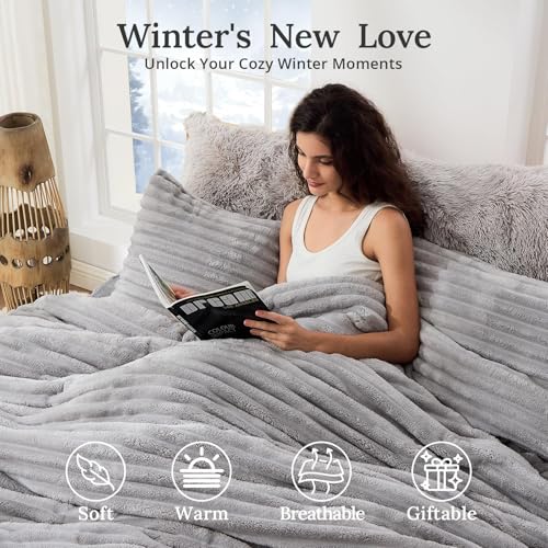 Image of Sasttie Full Comforter Set 3 Pieces - Super Soft Fleece Comforters Full Size, 1 Luxury Warm Fuzzy Marshmallow Comforter with 2 Pillow Cases, Faux Fur Down Alternative Bedding Set, Light Grey