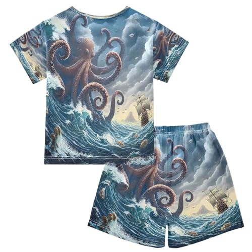 ALAZA Octopus Boat Blue Ocean Pajamas Set Short Sleeve Cotton Sleepwear Summer Pjs 2 Piece 5-14Y2