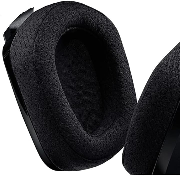 Close-up of a black ear pad attached to a headphone, showing the texture
