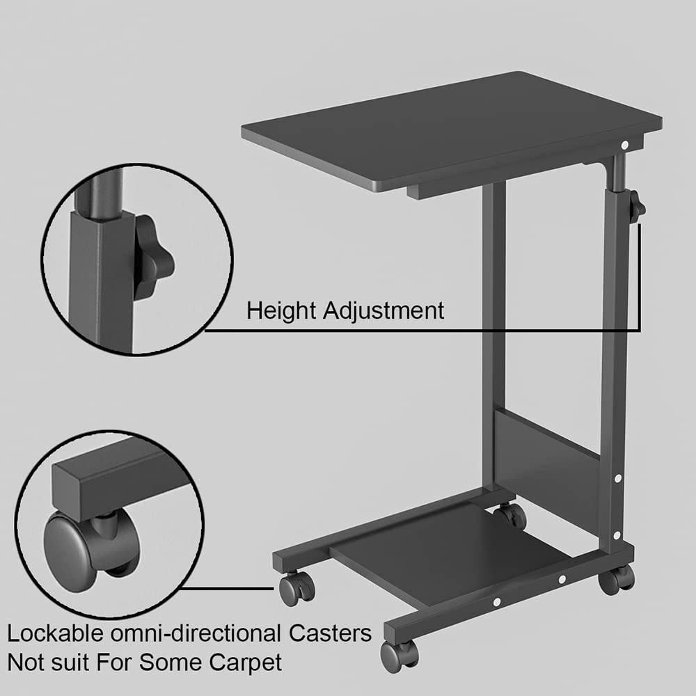 HUOLE Tavolino a forma di C, punta del divano con ruote, tavolo da letto con tasca, tavolo per computer portatile, telaio in metallo, max 15 kg, 56,5 x 37 x 95 cm, nero