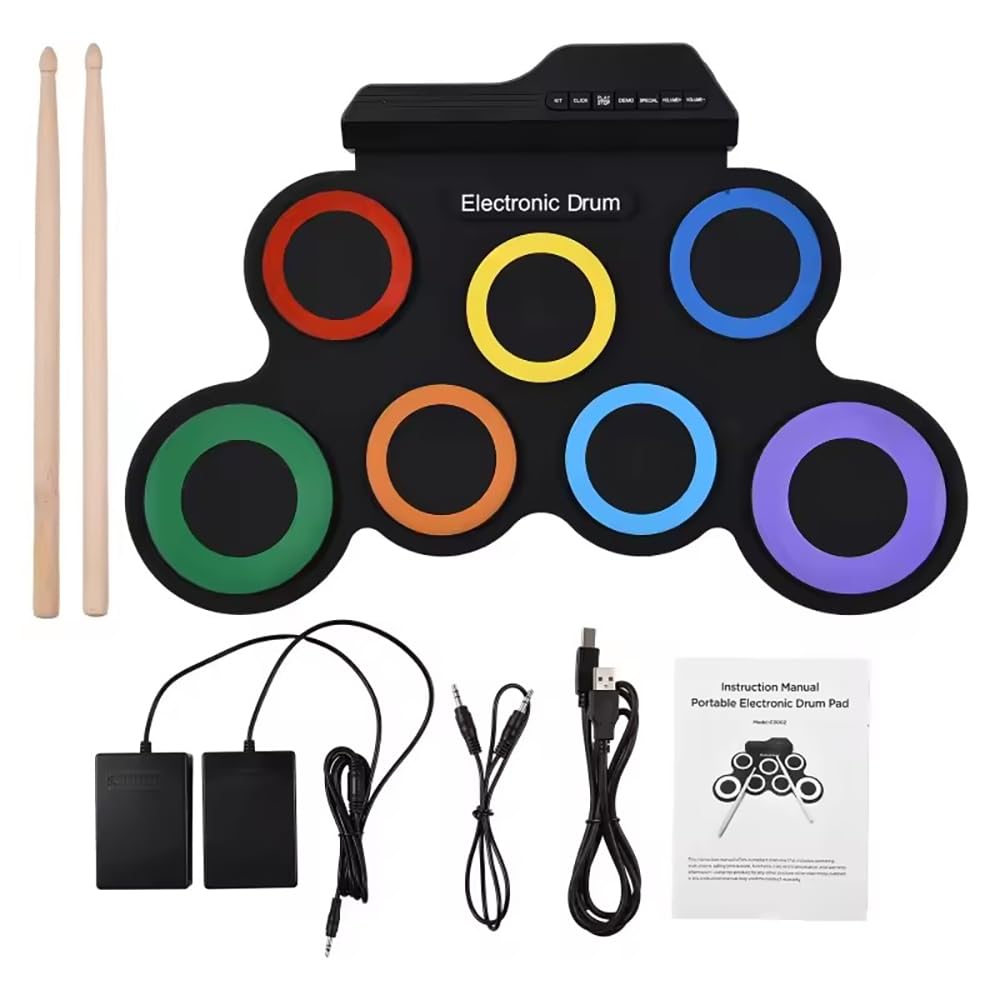 NEWFUN Batteria Elettronica Adulti, Tappetino Arrotolabile per Esercitarsi con 7 Drum Pad in Silicone con Mazzette e Pedale per Principianti