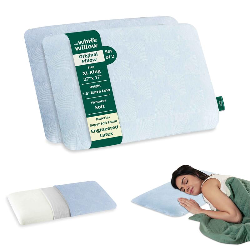Image of The White Willow Ultra Thin Pillow for Sleeping-Ultra Slim Pillow Set of 2-Engineered Latex Soft Slim Pillow for Neck & Shoulder Pain-Flat Pillow-Orthopedic Cervical Neck Pillow-XL King-1.5 inch H-Blue