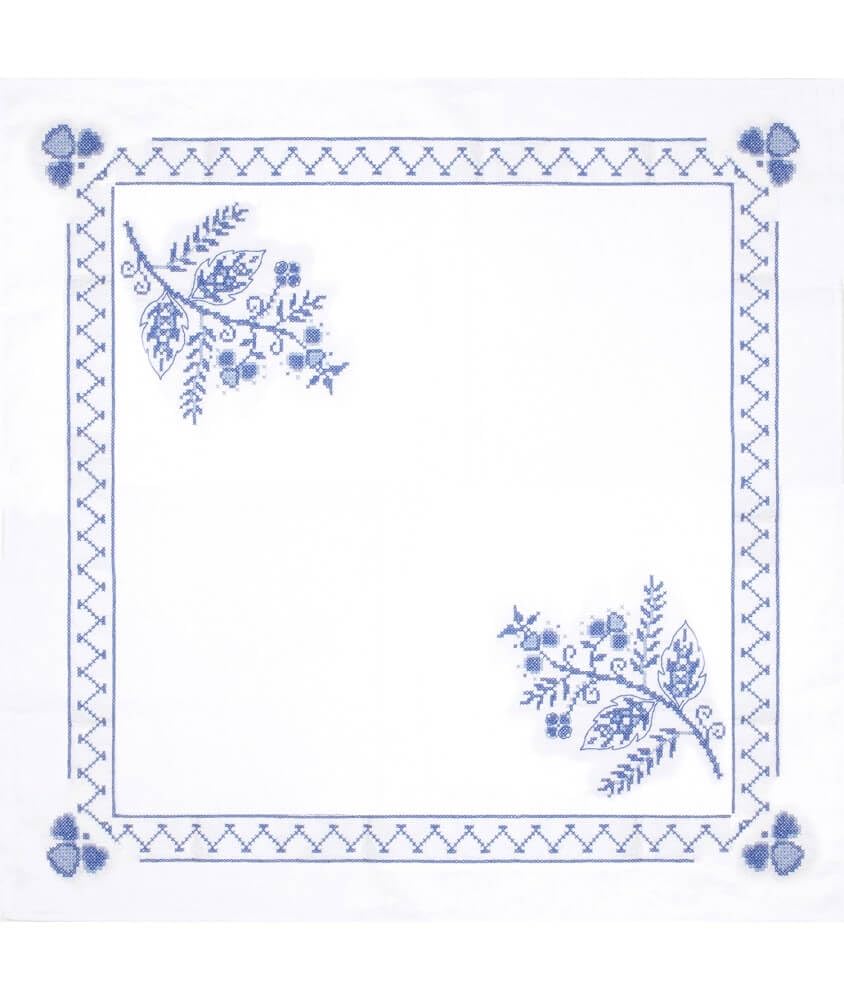Trimits Cross Stitch Kit - Tablecloth - Includes Printed Fabric, Threads, Needle & Instructions, 80 x 80cm, Blue Floral