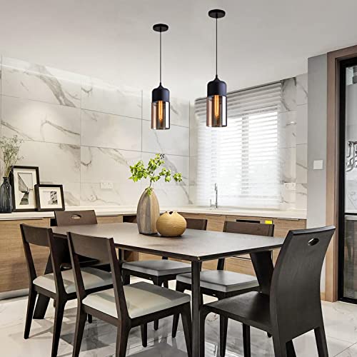 Naann Glass Pendant Light, Black Modern Hanging Lamp With Amber Cylinder Shade, Vintage Industrial Farmhouse Pendant Lighting Fixture For Kitchen Island Dining Room Hallway #TOP5