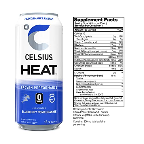 Celsius Heat Blueberry Pomegranate Performance Energy Drink, Zero Sugar, 16Oz. Can (Pack Of 12) #TOP2