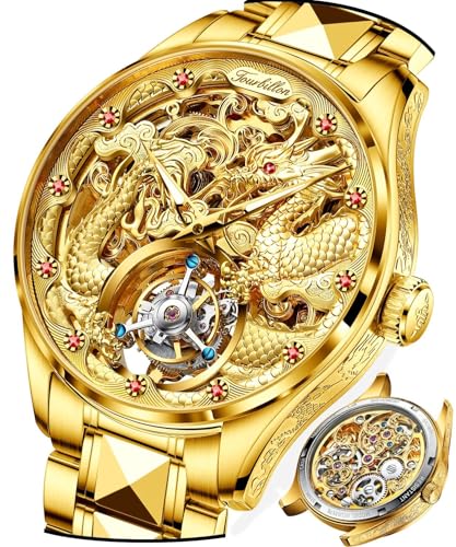 OUPINKE Men Watch Gold -Tourbillon Mechanical Movement Wrist Watch-Luxury Business Skeleton Watches-Sapphire Crystal
