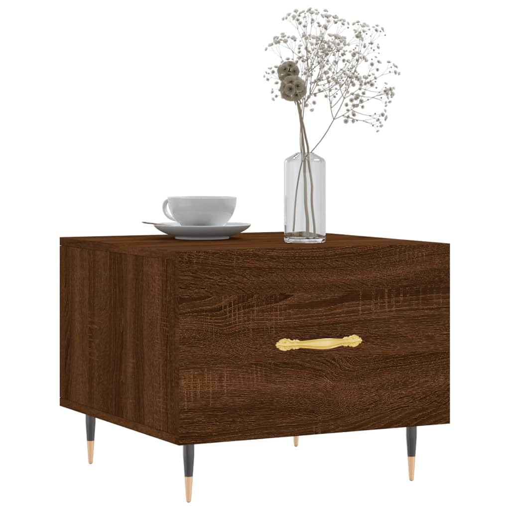 Mesa de centro marrón efecto roble 50 x 50 x 40 cm de material de madera con patas de hierro, elegante mesa auxiliar para salón, dormitorio y pasillo, tablero robusto con cajón para espacio de