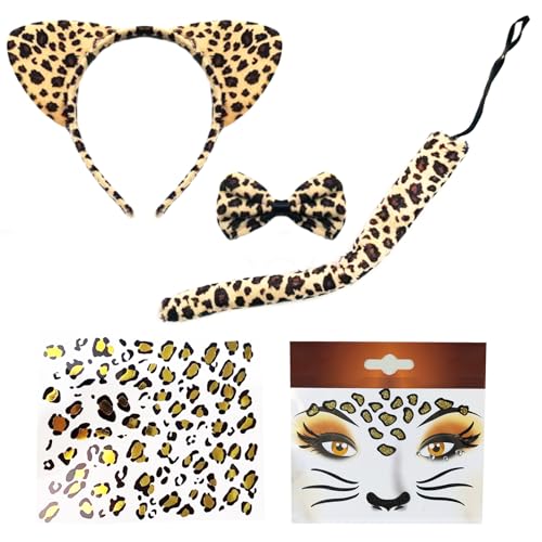 Cbluo B01-SET-BAO09-5PCS99 5 Pcs Halloween Leopard Cat Ears Headband Bow Tie Tail Temporary Face Stickers Tattoos Cat Hair Hoops Bands Women Bowtie Headpiece Hairband Cosplay Dress Up Masquerade Birthday Party Supplies cover
