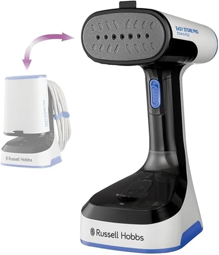 Russell Hobbs Défroisseur vapeur [Compact, pliable et rangement facile] Fer à repasser (portable pour maison, voyage, 1500 W, chauffe rapide, cordon 3m, réservoir 150ml, embout tissus incl) 26740-56