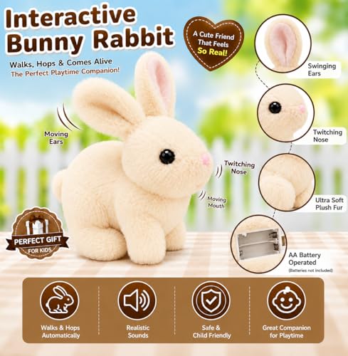 Image of Bunny Interactive Rabbit Toy for Kids - Walking Hopping Bunny with Sound, Moving Ears, Twitching Nose & Mouth, Soft Plush Rabbit Toy for Baby Boys & Girls (Cream)