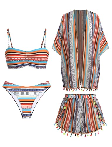 Image of ZAFUL Women 4pcs Ruched Striped Bikini Set High Cut Swimsuit with Sheer Fringed Cover Up Side Slit Shorts