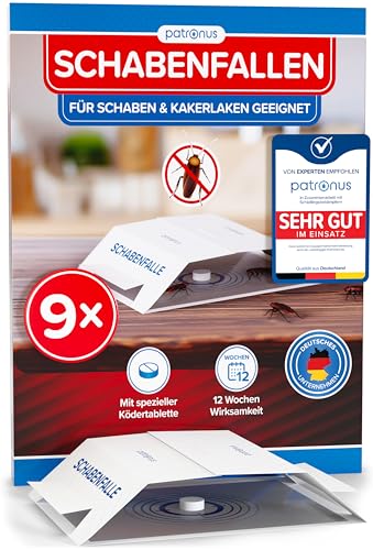 Patronus Schabenfalle [9 Stück] mit effektiven & giftfreien Ködertabletten, Starke Monitoring-Klebefalle, Kakerlakenfalle zur Befallsermittlung von Küchen-Schaben & Kakerlaken in Allen Wohnräumen