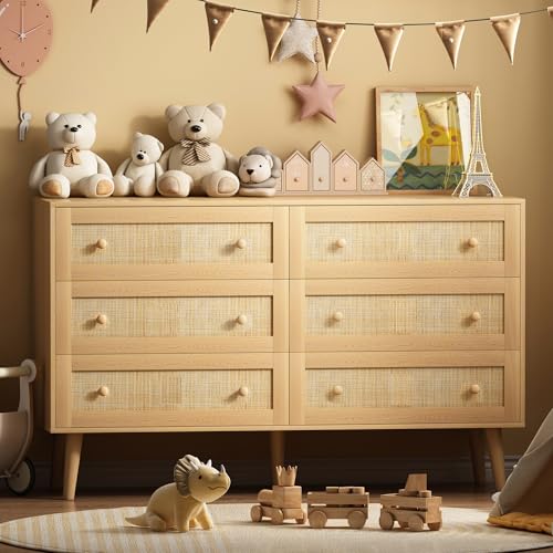Image of HUANLEGO Rattan Dresser for Bedroom, Modern 6 Drawer Dressers & Chest of Drawers, Natural Boho Dresser with Handles Wood Storage Organizer Modern Dressers for Closet, Hallway, Office