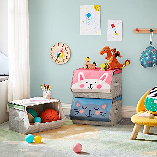 SONGMICS Aufbewahrungsboxen, 3er Set, Faltboxen, Stoffboxen mit Griffen, Organizer, magnetischer Deckel, für Kinderzimmer, Spielzimmer, Tier-Motive, rosa, blau, grün und grau RFB760P01