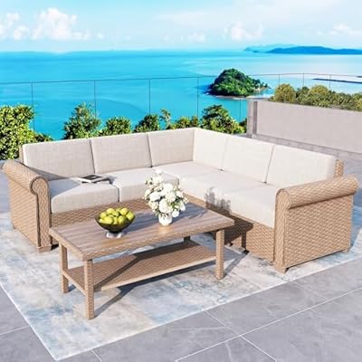 Patio Furniture Set 6 Piece, Wicker Rattan Sectional Sofa Couch with 5.5" Thick Waterproof Cushion and Coffee Table, L Shape All Weather Outdoor Conversation Set for Lawn Backyard Deck, Beige