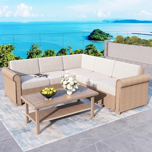 Patio Furniture Set 6 Piece, Wicker Rattan Sectional Sofa Couch with 5.5" Thick Waterproof Cushion and Coffee Table, L Shape All Weather Outdoor Conversation Set for Lawn Backyard Deck, Beige